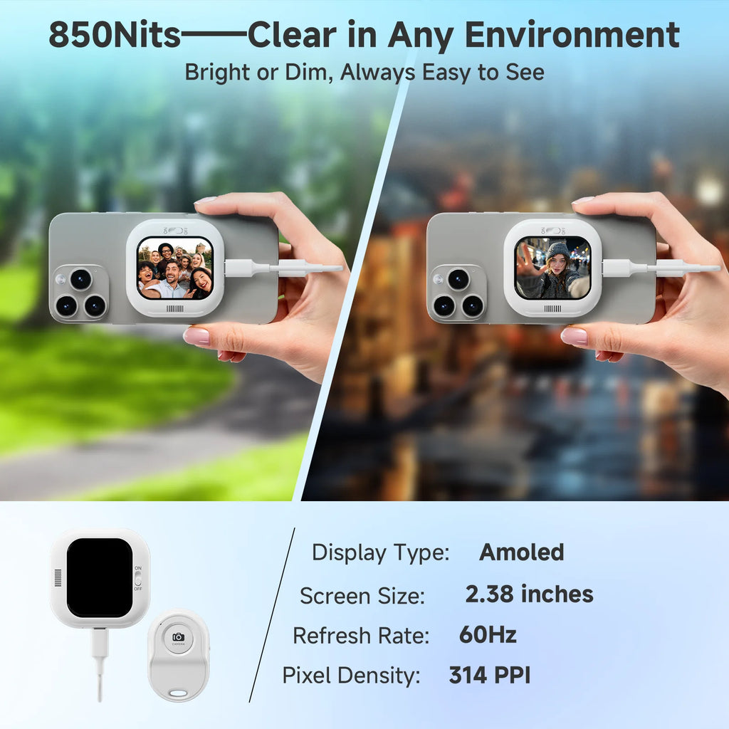 Mini Phone Vlog Selfie Monitor, used for selfies/vlog videos, compatible with iPhone rear camera selfie screen
