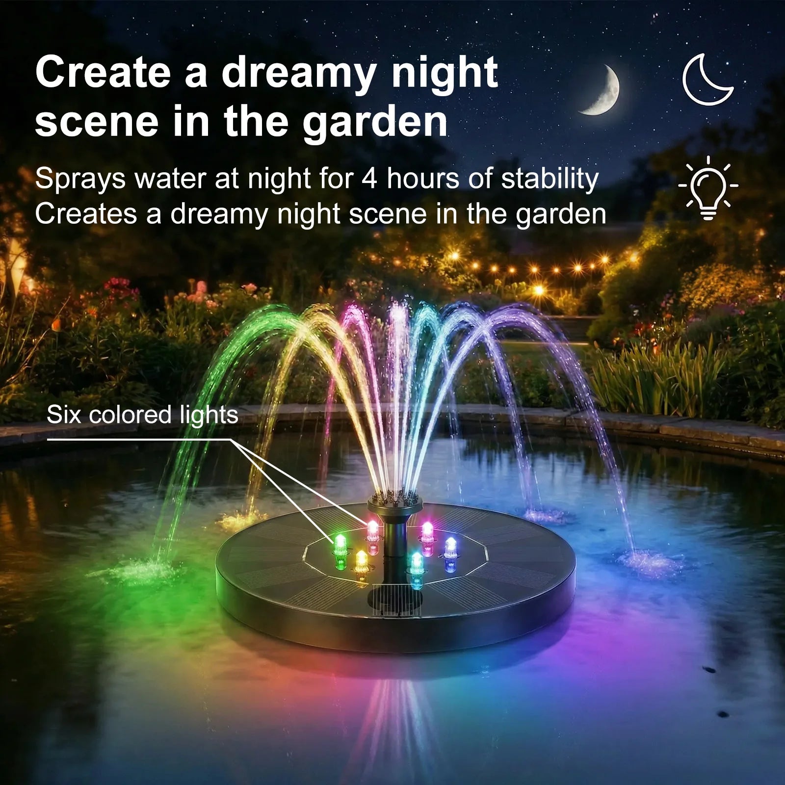 Solar Powered Water Fountain Garden Solar Fountain Pump with Colorful Light Show and 7 Nozzles Outdoor Decoration for Bird Bath